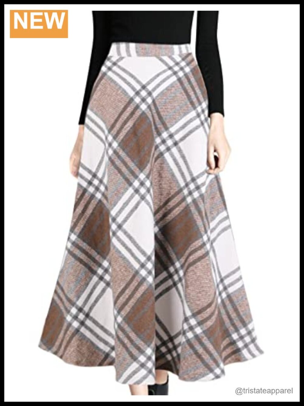 Wool Blend Plaid A-Line Midi Skirt High Waist Pleated Flared